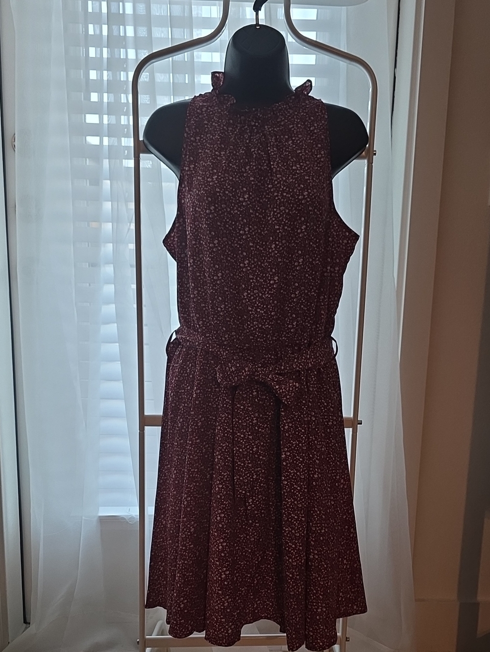 BTFBM Burgundy Floral Halter Neck Ruffle Sundress Tie Waist